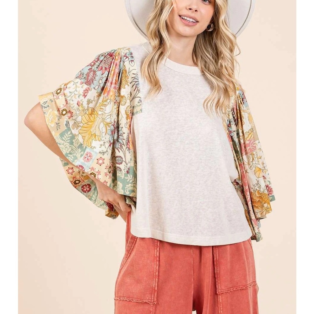 Mittoshop Floral Print Patchwork Flutter Sleeve Top in Mauve Combo